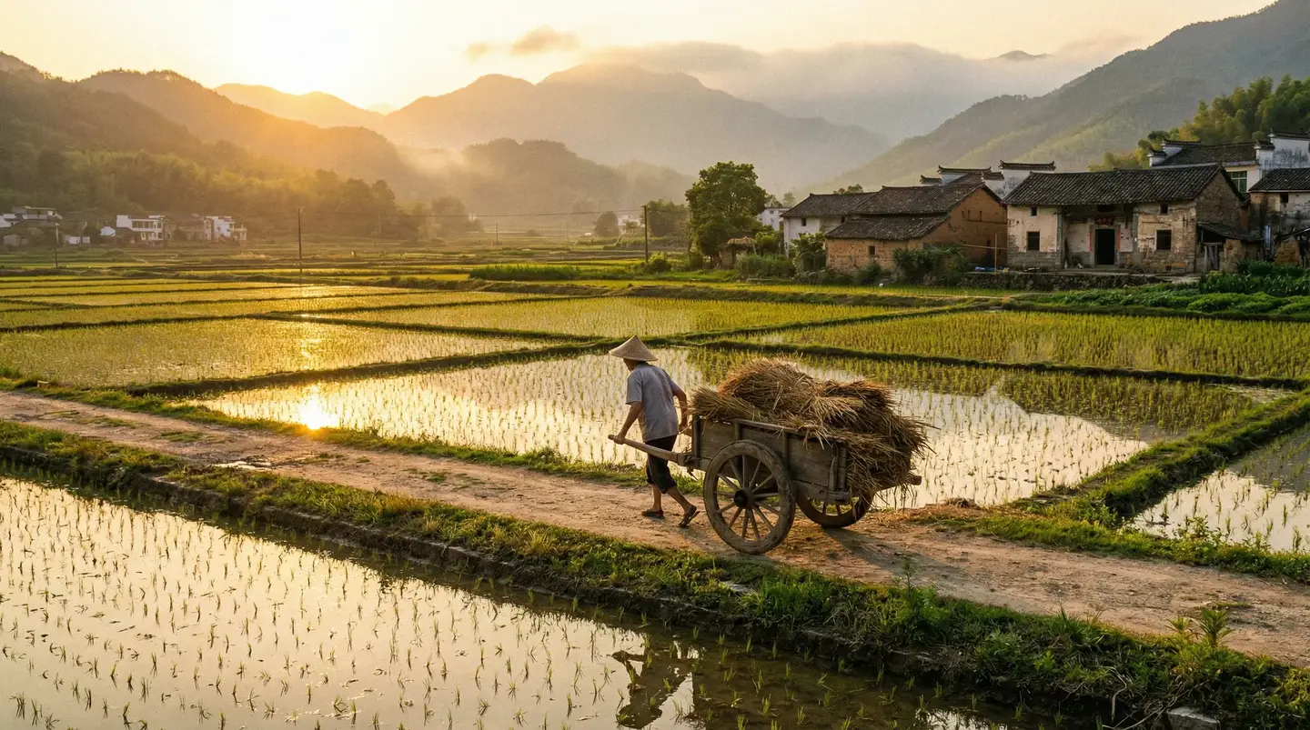 两个人免费观看日本的动漫 - 金色夕阳下的乡村田野，老农推着木车行走在田埂上